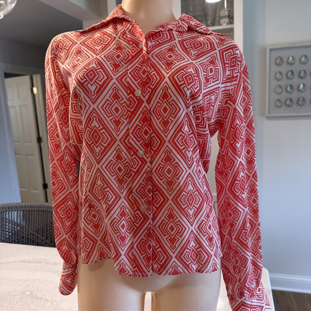Marcella Olschki Italy Geometric Blouse Button Front Vintage 70s Top Small